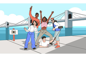 Friends group selfie. Happy people, a Person Illustration by YummyBuum