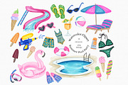 Watercolor Summer Pool Party Set, an Illustration by MiracleArtAndDesign (Thumbnail 1 of 3)