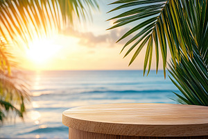 Podium for product display by the blue sea at sunset with tropical palm leaves, a Nature Photo by AlyaAnd