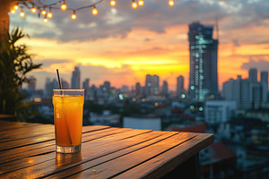 Vibrant sunset view from a rooftop bar with hanging lights and a, a Food & Drink Photo by AlyaAnd