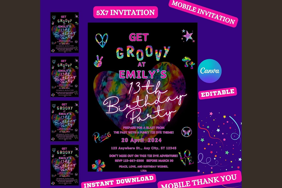 Tie-Dye Birthday Invitation, an Invitation Template by Lynn Reese Designs (Photo 2 of 5)