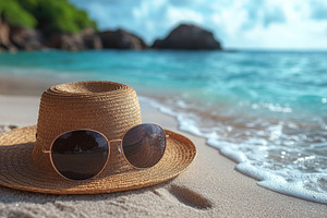 Sunglasses and straw hat resting on, a Photo by Tanuart