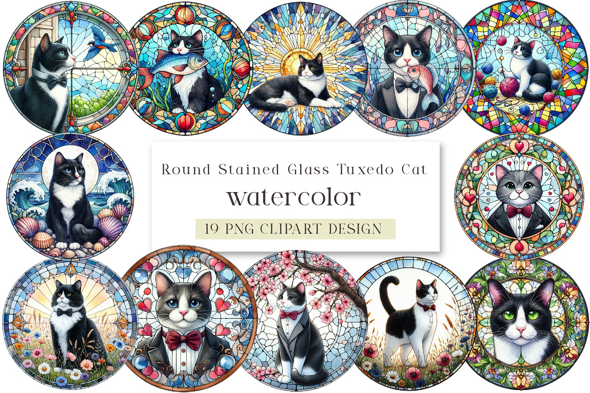 Round Stained Glass Tuxedo Cat Clipa, an Illustration by DreamArtGraphic (Photo 1 of 4)
