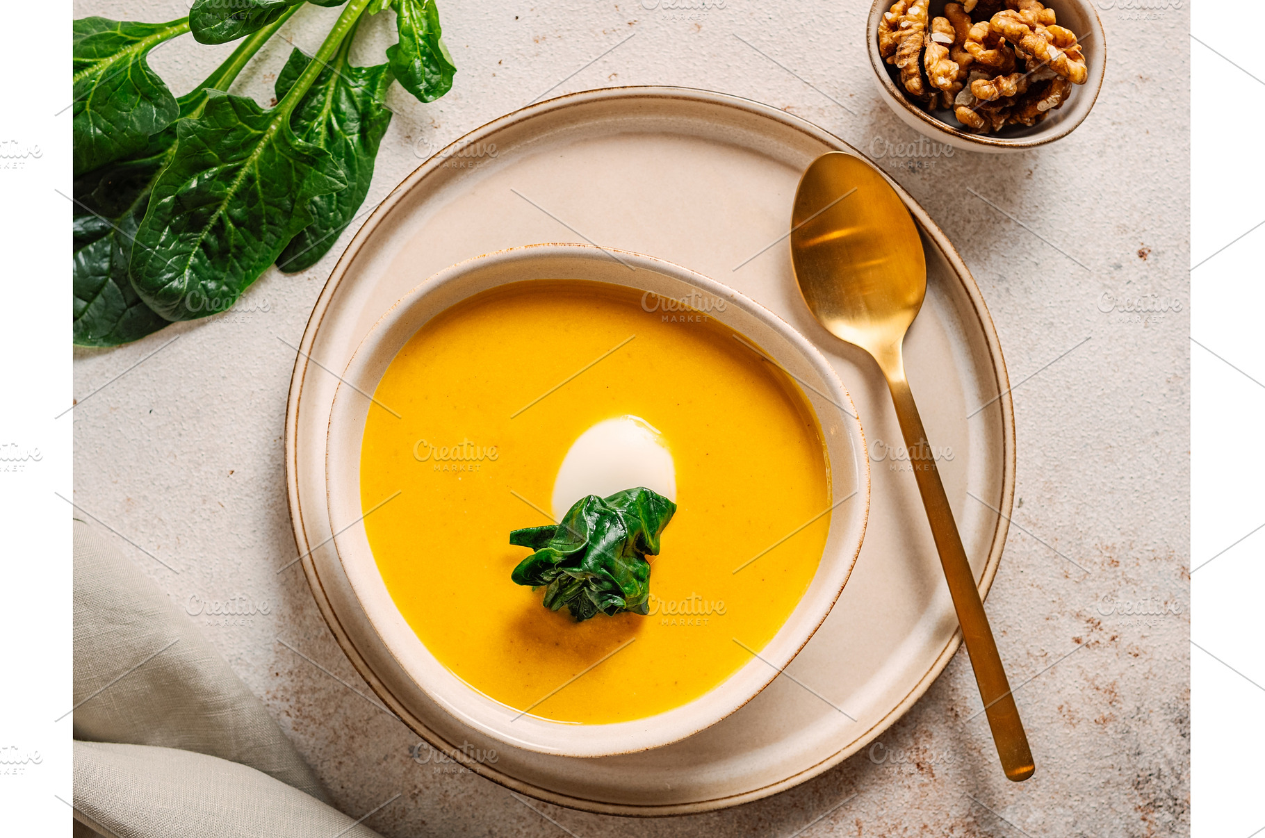 Pumpkin cream-soup, top view, copy, a Food & Drink Photo by Fascinadora
