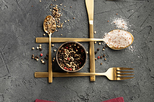Culinary Flat-Lay Collection with Modern Gold Cutlery, Vintage U, a Food & Drink Photo by Natalia Klenova's Shop