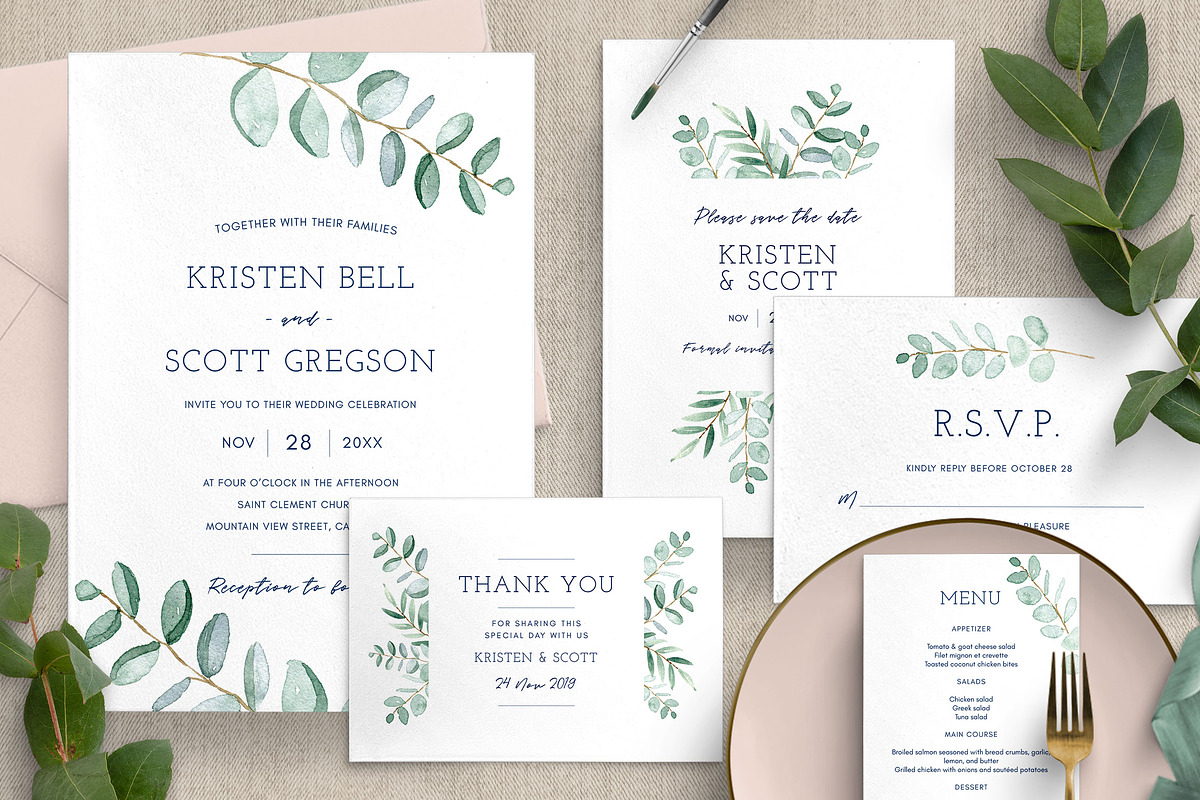 Eucalyptus Wedding Invitation Suite, an Invitation Template by ClementineCreative (Photo 1 of 10)