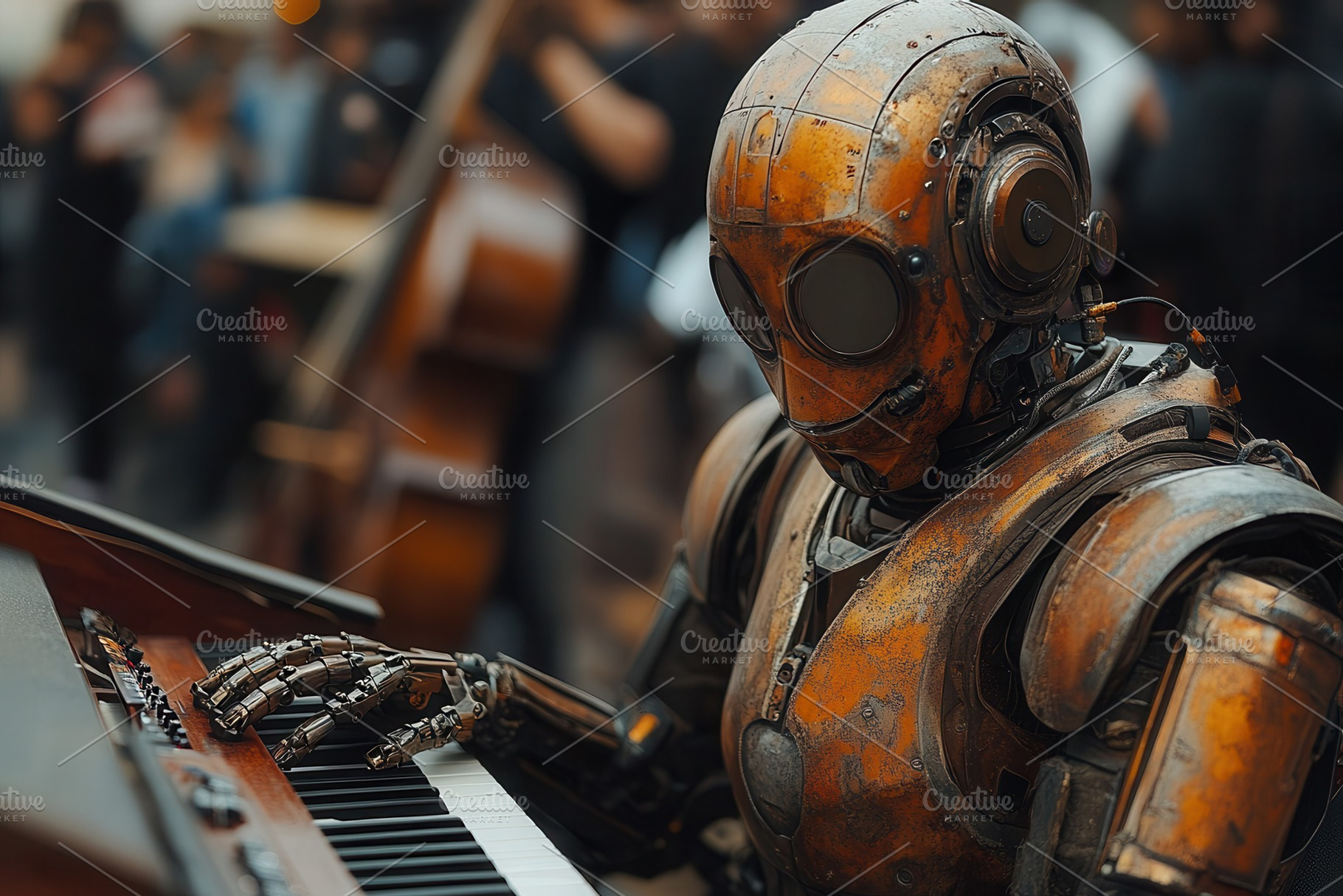 Robot musician plays piano in a live, a Photo by Tanuart