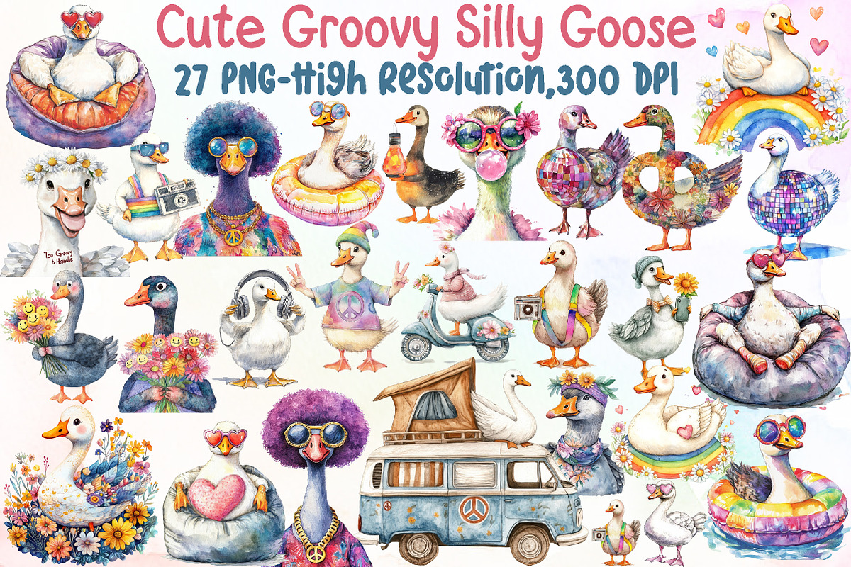Cute Groovy Silly Goose Clipart Bund, an Illustration by Sublimation Artist (Photo 1 of 6)