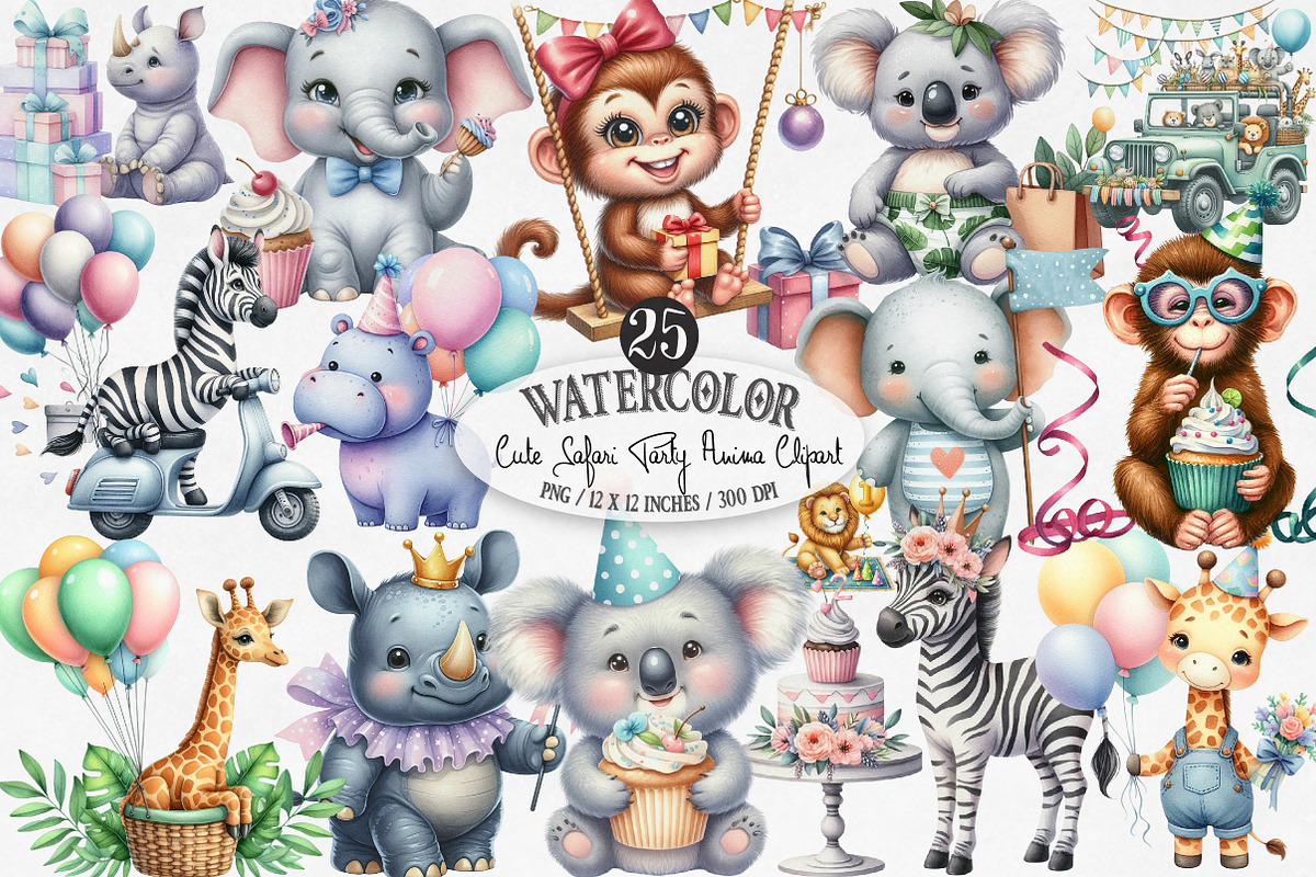 Cute Safari Party Animal Watercolor, an Illustration by Designking (Photo 1 of 4)
