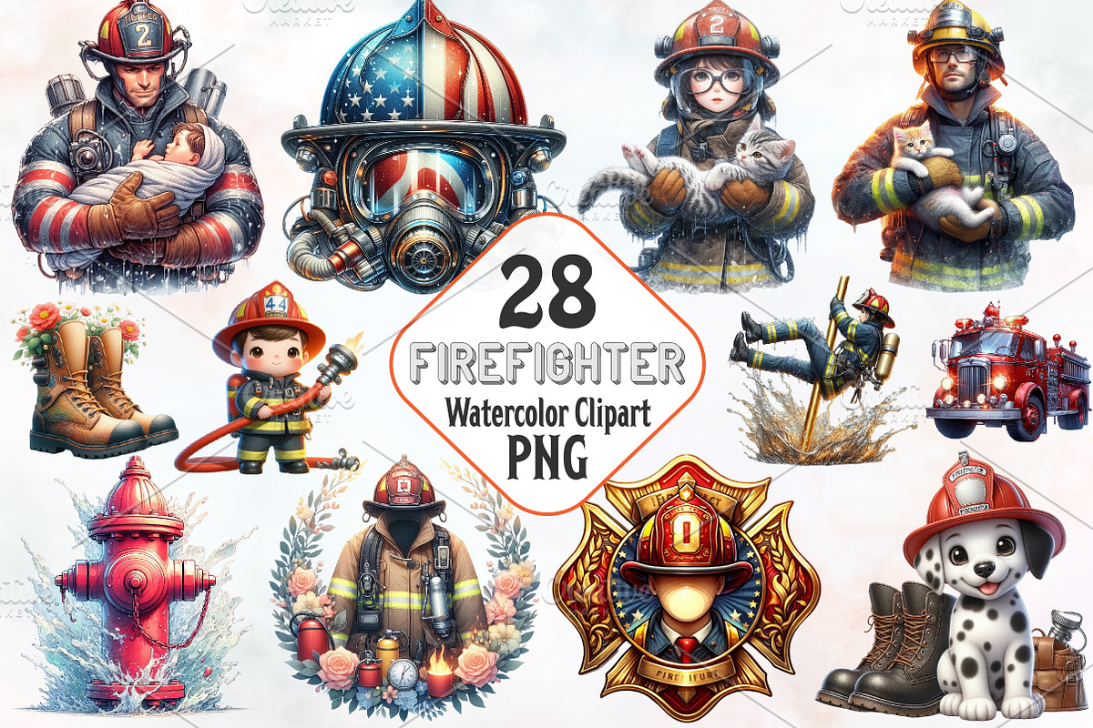 Firefighter Watercolor Cliparts, an Illustration by RobertsArt (Photo 1 of 7)