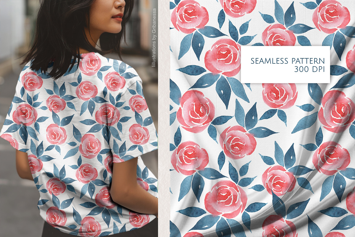 Watercolor Rose Patterns with blue, a Pattern Graphic by Gribanessa (Photo 4 of 4)