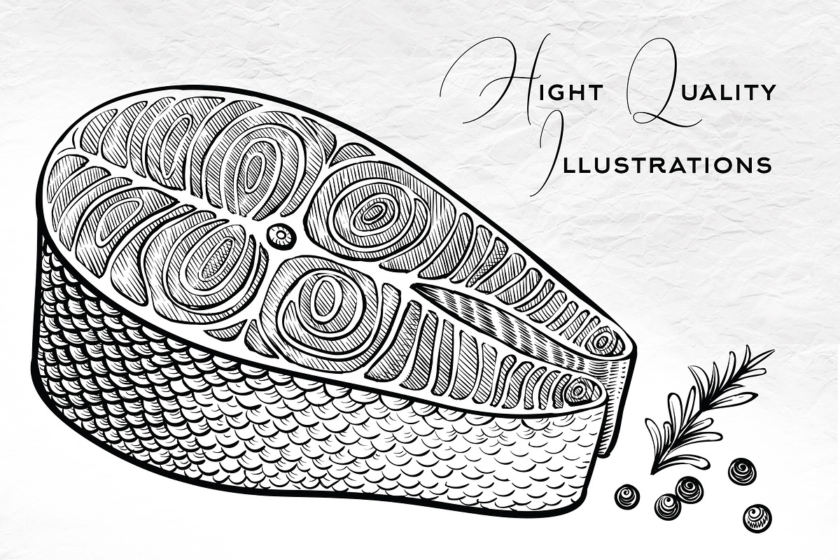 Salmon & Fish vector sketch, a Food Illustration by Aquatinta (Photo 10 of 13)