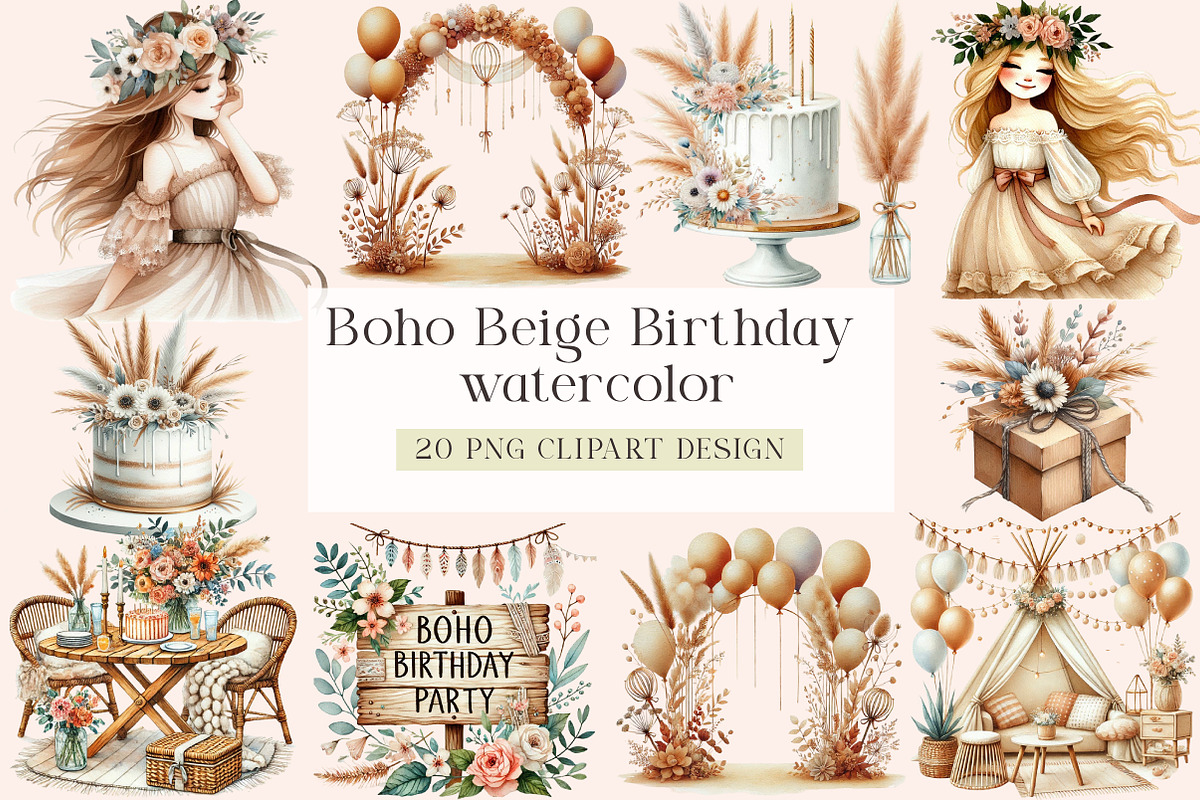 Boho Beige Birthday Sublimation Clip, an Illustration by DreamArtGraphic (Photo 1 of 4)