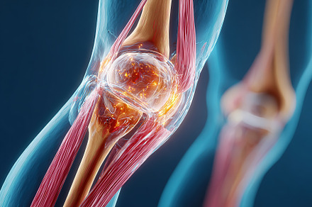Detailed anatomical view showcasing the human knee joint's structure and functi, a Health & Medical Photo by AlyaAnd