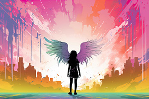 Teenage girl standing against angel, a Photo by LOGOCREATIVE