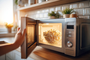 Preparing fresh popcorn in the microwave during a quiet evening at home, a Photo by AlyaAnd