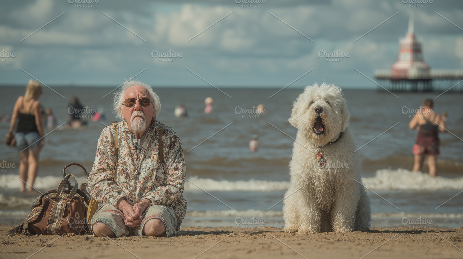 On the beach, an elderly man sits with his fluffy dog, enjoying a sunny sea day, a Photo by AS photostudio