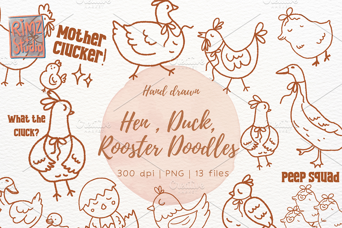 Hen, Duck & Rooster Line Art Doodles, an Object Illustration by RimzStudio (Photo 1 of 3)
