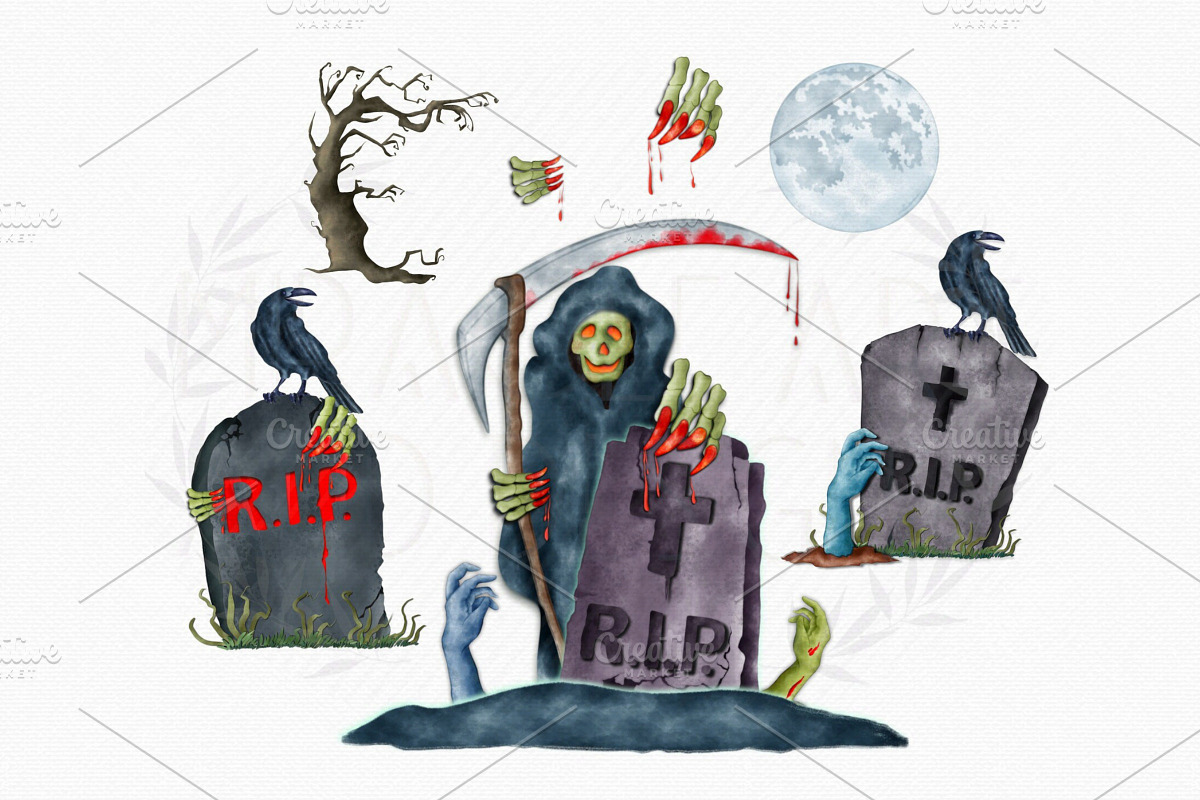 Watercolor Halloween Tombstones, a Decorative Illustration by MiracleArtAndDesign (Photo 3 of 4)