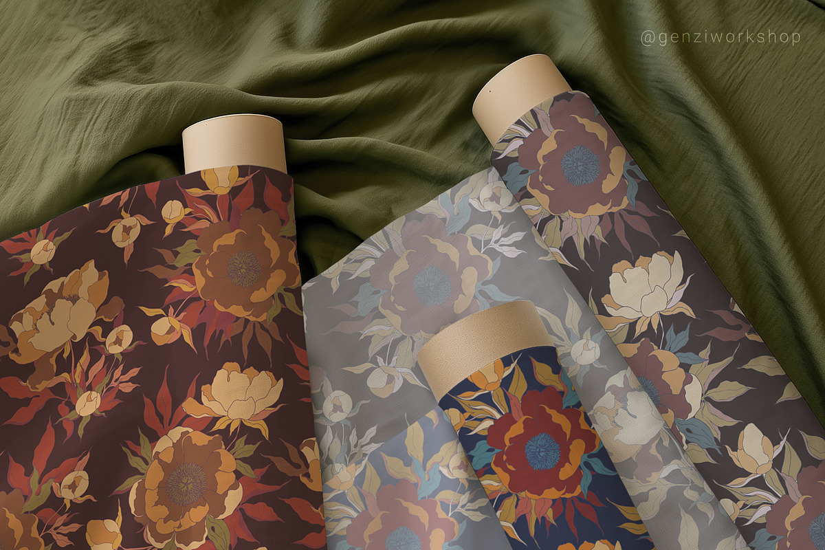 Seamless pattern set with peonies., a Decorative Illustration by GenziWorkshop (Photo 8 of 12)