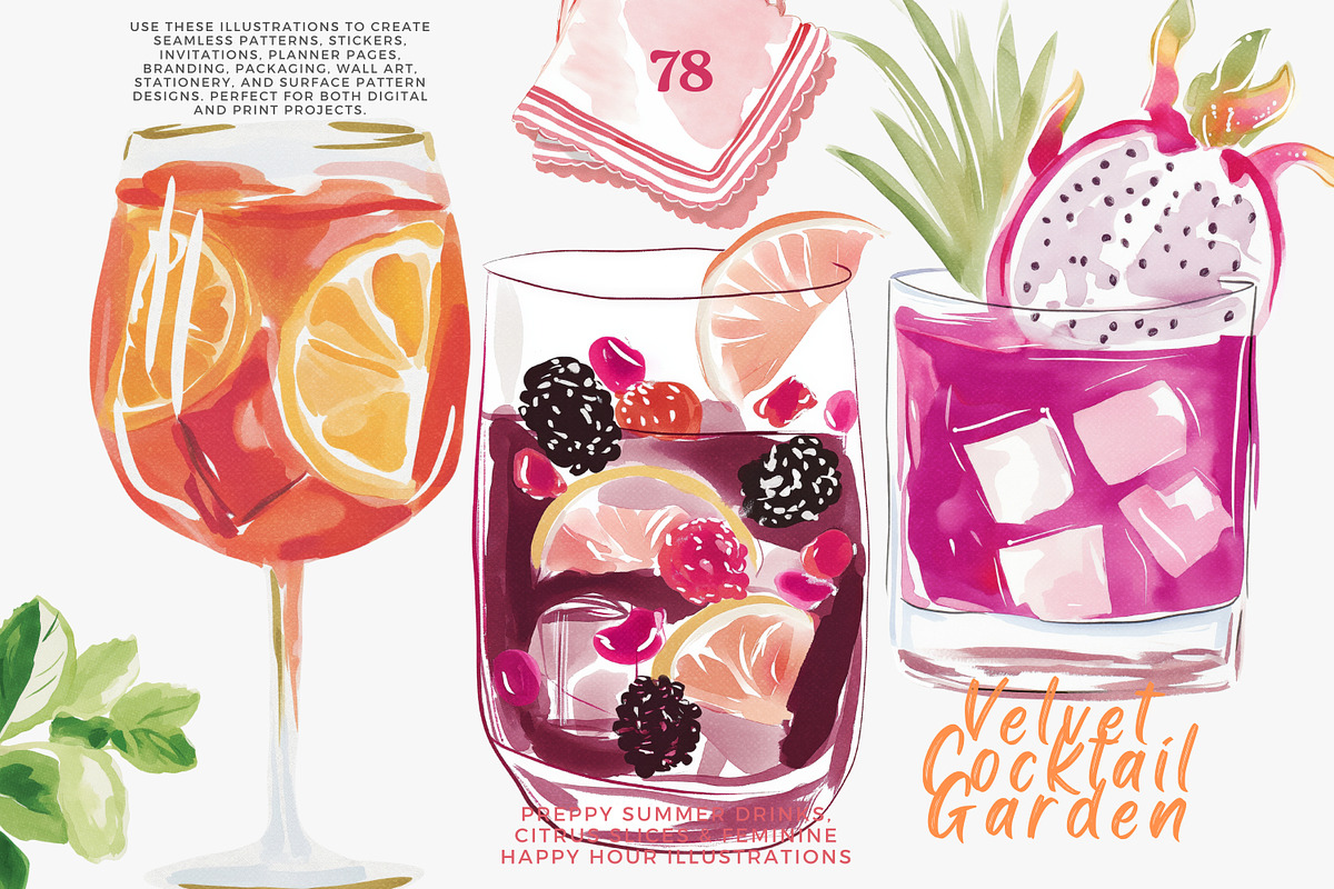 preppy cocktail clipart bundle, a Decorative Illustration by Patishop Art (Photo 1 of 13)