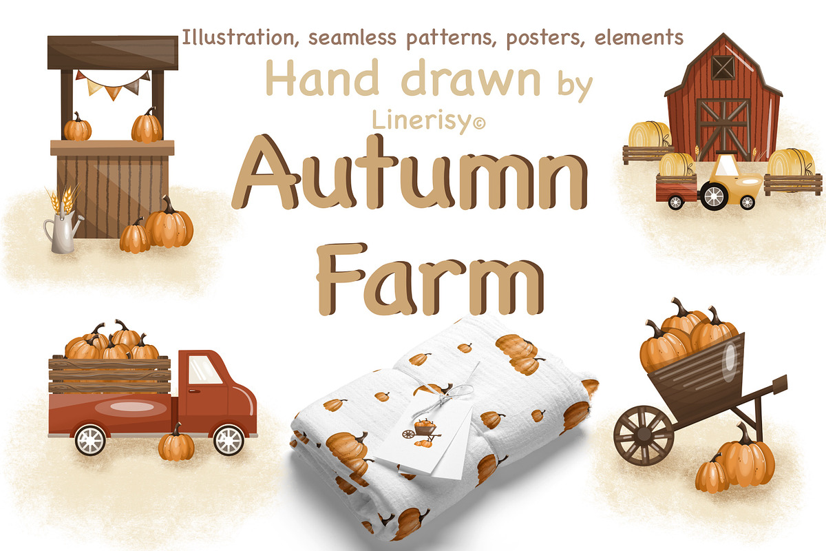 Autumn farm-kids collection, a Seasonal Illustration by Linerisyart (Photo 1 of 23)