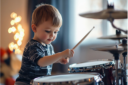 Young child drumming with focus and, a School & Education Photo by Lermont51
