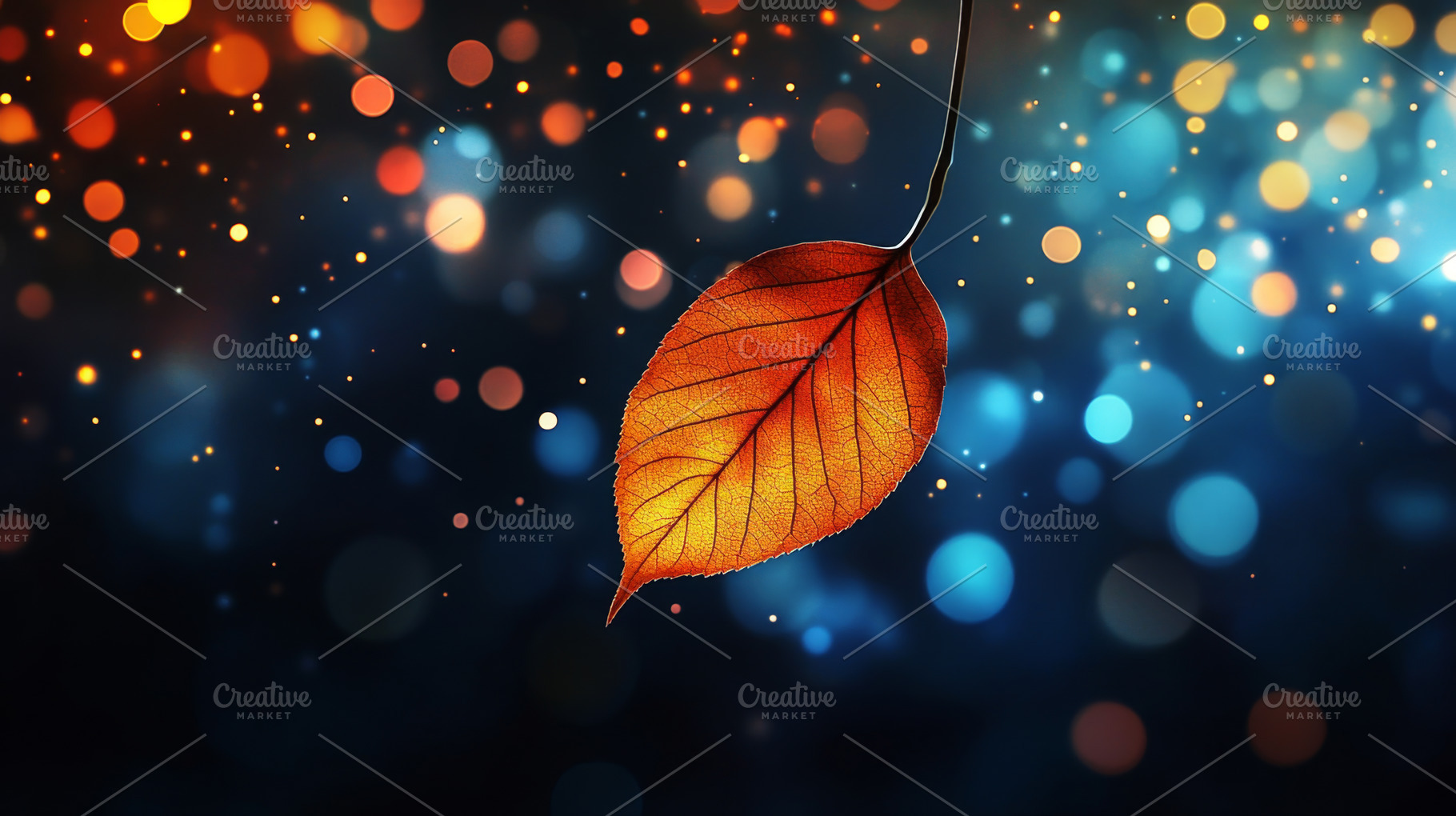 Glowing Autumn Leaf on Branch with Magical Bokeh Lights, an Abstract Photo by Natalia Klenova's Shop