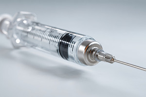 Close-up of a clear syringe with a stainless steel needle on a soft-focus backg, a Business Photo by ImageMir