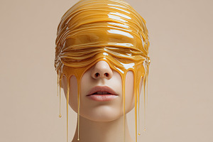 Close-up portrait of a woman’s face partially covered with glo, an Abstract Photo by Ales Munt