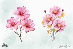 Pink Wild Flowers Watercolor Clipart