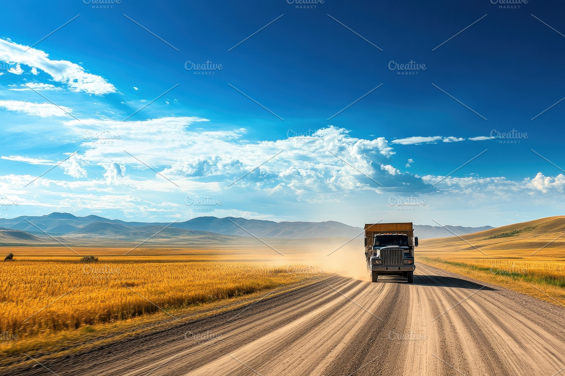 Dusty road meets mountain backdrop, a Photo by Pavel_design