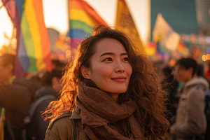 Woman smiling at colorful event, a Photo by Beautiful things