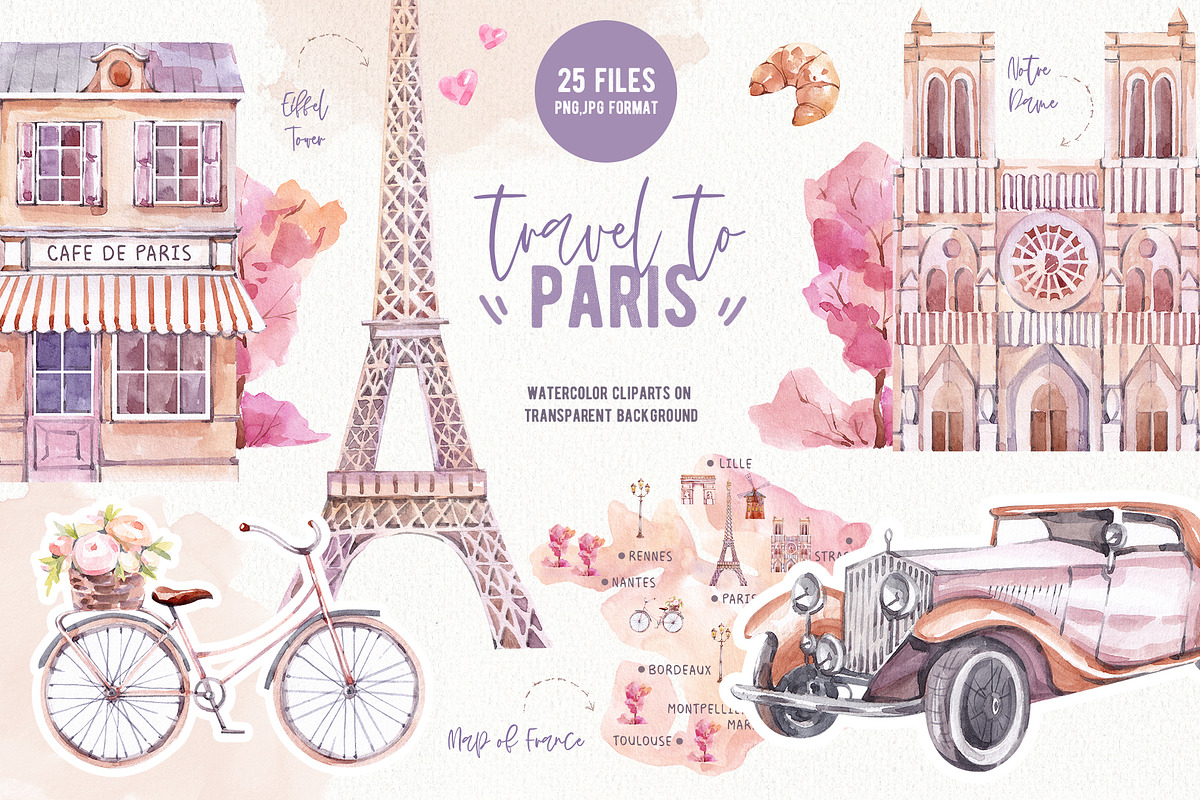 Travel to Paris. Watercolor Clipart, a Decorative Illustration by VerAna (Photo 1 of 11)