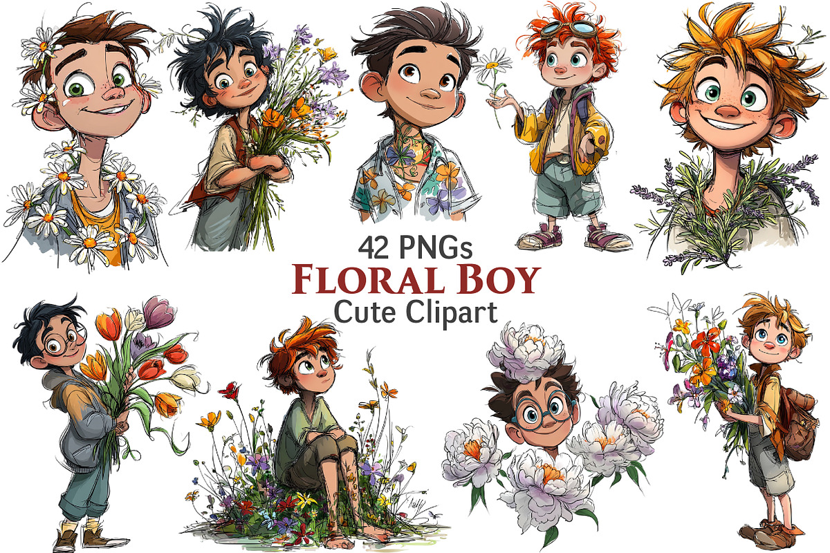 Floral Cute Boy Clipart, an Illustration by Pixels.Craft (Photo 1 of 5)