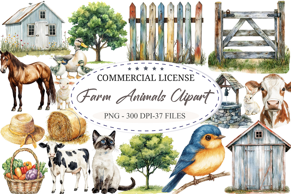 Watercolor Farm Animals Clipart, a Seasonal Illustration by designcity5 (Photo 1 of 5)