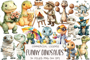 Watercolor Funny Dinosaurs Clipart, an Illustration by OK Design