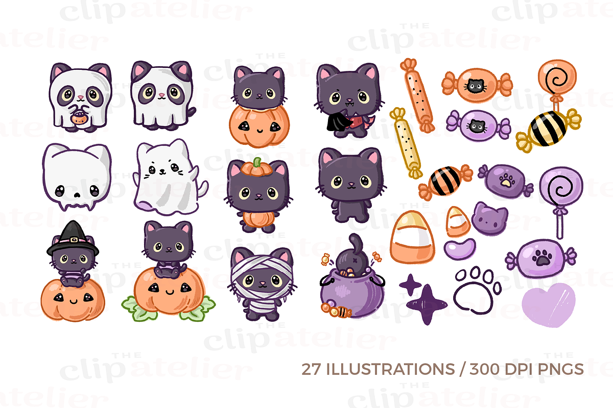 Kawaii Black Cat Clipart, a Seasonal Illustration by TheClipAtelier (Photo 2 of 3)