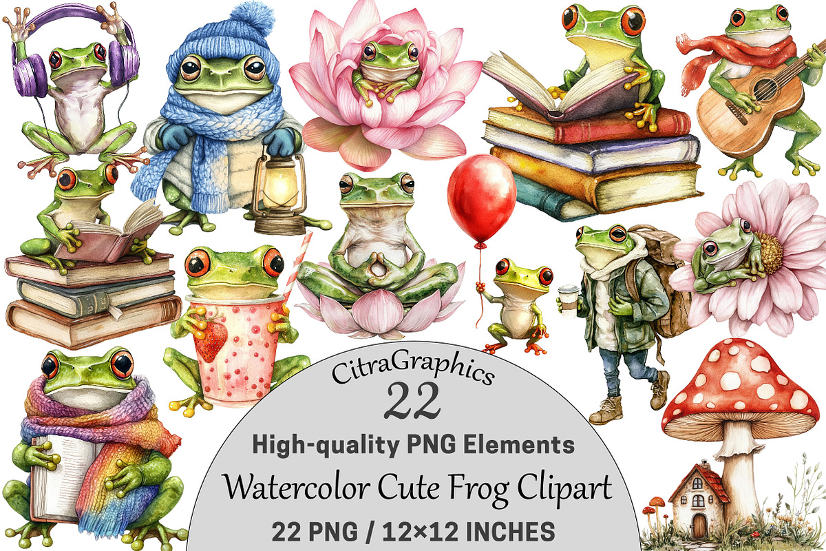 Watercolor Cute Frog Clipart, a Seasonal Illustration by CitraGraphics (Photo 1 of 3)