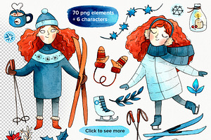 Winter Girl Watercolor Clipart Set