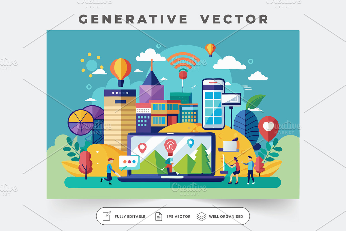 A vibrant cityscape features people, a Graphic by SouravDesign