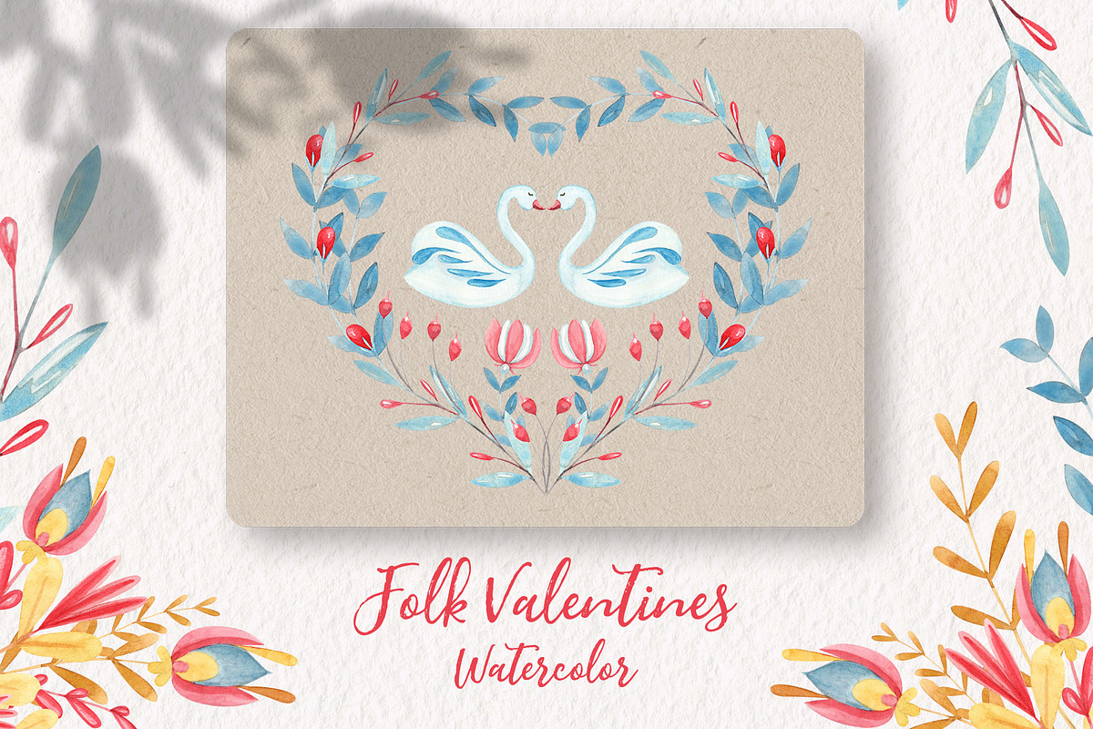 Folk Valentines Watercolor, a Decorative Illustration by Catch the Dream Art (Photo 1 of 8)