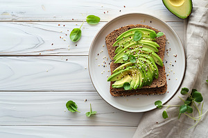 Toasted rye bread with sliced avocado and herbs in plate on wooden table, a Food & Drink Photo by AlyaAnd