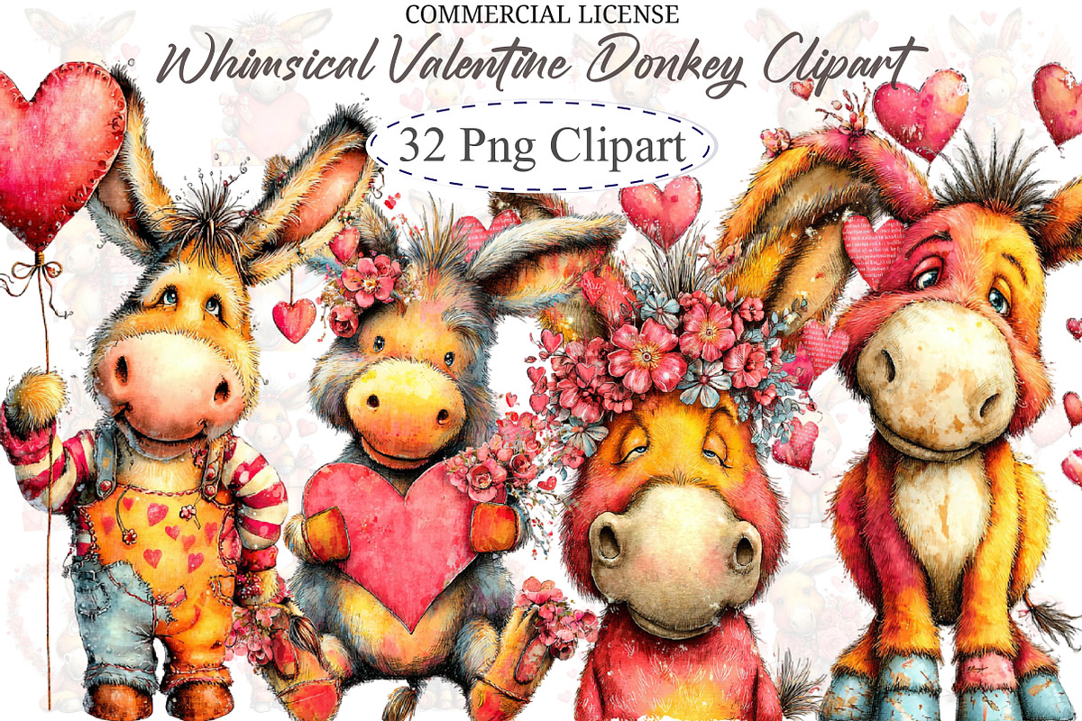 Whimsical Valentine Donkey Clipart, an Illustration by designcity5 (Photo 1 of 5)