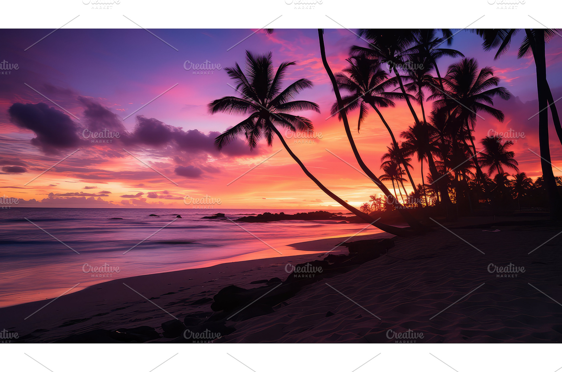 pink beach and palm trees ai, a Nature Photo by pikepicture