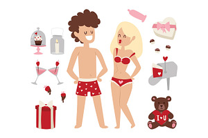 Cartoon Young Lovers Couple Valentine Day Signs Nude Date Man And Woman Fall In Love Vector Illustration.