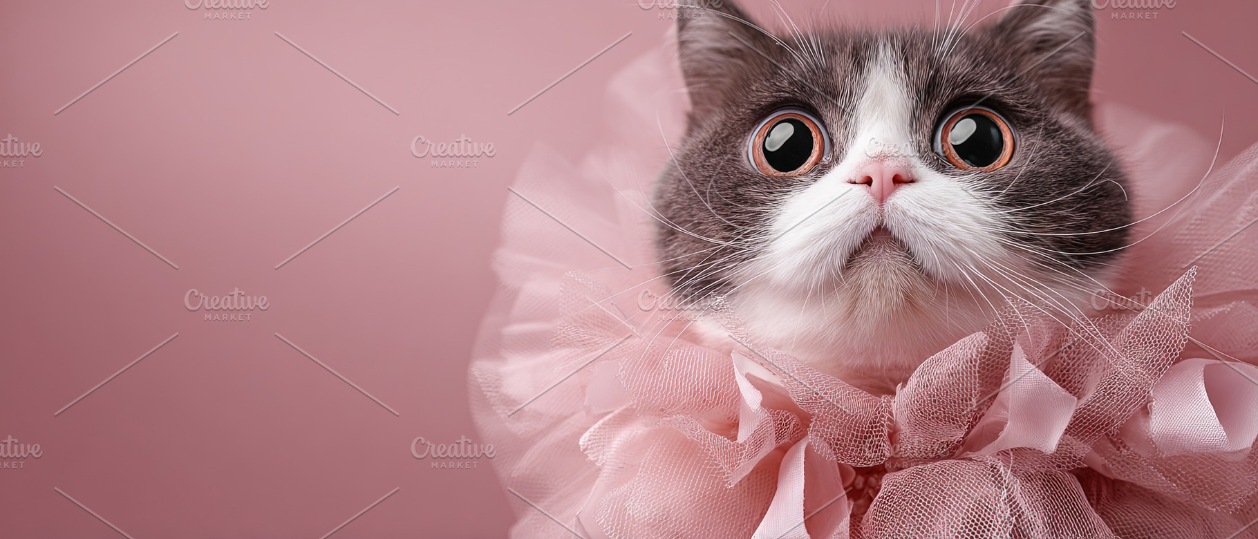 Adorable gray and white cat with big eyes wearing pink tulle ruf, an Abstract Photo by Ales Munt