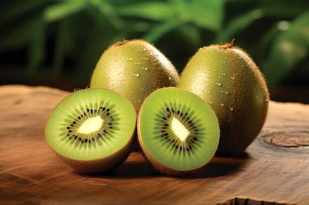 Kiwi fruit on a wooden board with gr, a Photo by Iftikhar Alam