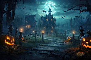 Midnight Whispers: A Haunting Halloween Scene Lit by Moonlight - Generative AI, a Seasonal Illustration by José Manuel Gelpi