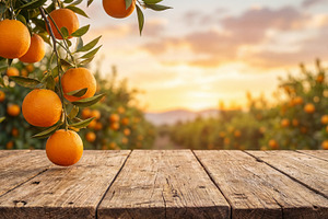 Wooden tabletop on a orange garden, a Food & Drink Photo by Volff